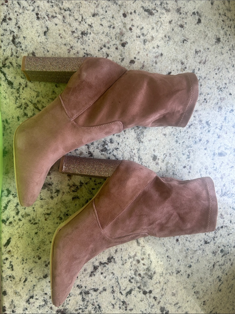Hot Kiss Rose Suede Mid-Calf Heeled Boots with Glitter Block Heel